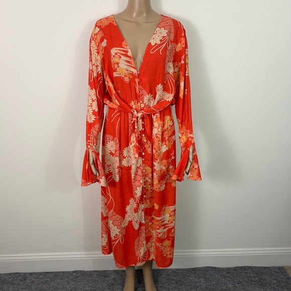 Free People Dresses & Skirts - Free People Orange Floral Fan Print Button Front Midi Dress Bell Sleeve Womens M
